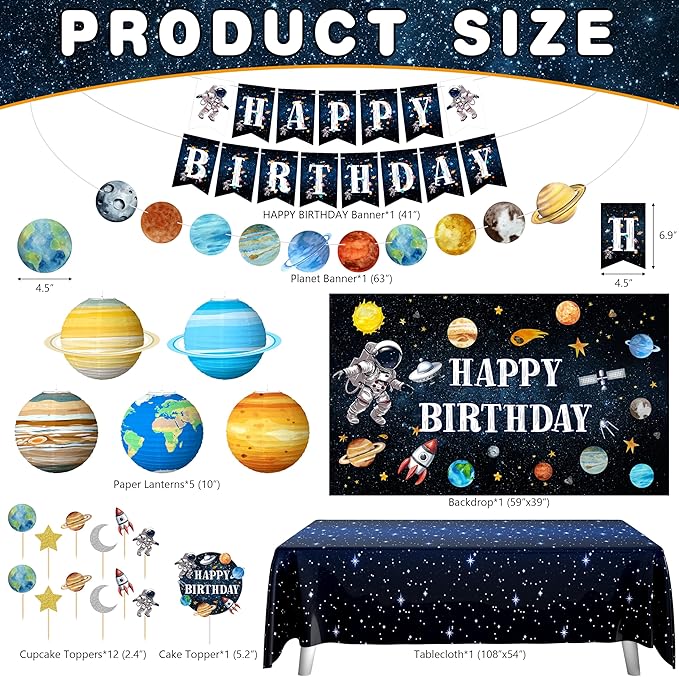 Outer Space Birthday Party Decorations Space Themed Party Supplies Planet Banner Backdrop Cake Topper Solar System Paper Lantern Galaxy Tablecloth Balloon Garland Kit for Space Astronaut Party Decor
