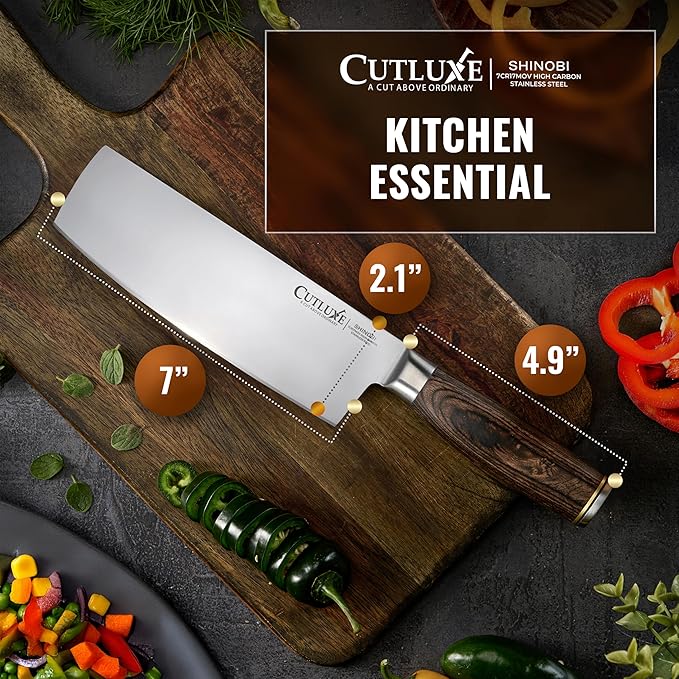 Cutluxe Nakiri Knife – Ultra Sharp 7" Meat and Vegetable Japanese Knife for Chopping, High Carbon Stainless Steel Blade, Full Tang Pakkawood Handle – Shinobi Series