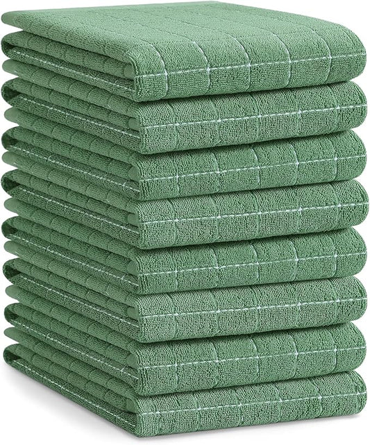 Homaxy 100% Cotton Terry Kitchen Towels(Grass Green, 20 x 28 inches), Checkered Designed, Soft and Super Absorbent Dish Towels, Large 8 Pack