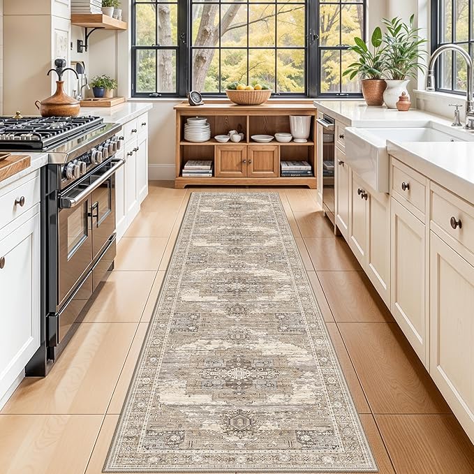 RUUGME Washable 2x10 Runner Rug - Long Boho Rugs for Kitchen Hallway Entryway Low Pile Stain Resistant Carpet with Non Slip Backing Indoor Vintage Home Decor Floor Mat for Bedroom Bathroom 2X10 Beige