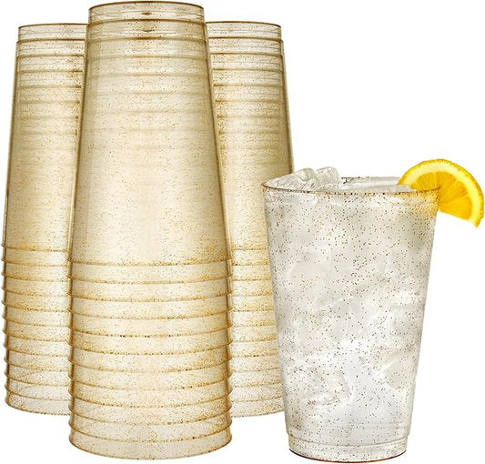 R-kay 12 oz Gold Glitter Plastic Cups For Party - 100 Pack Gold Plastic Cups - Hard Disposable Cups - Premium Heavy Duty Gold Cups - Disposable Cocktail Glasses - Party Cups (12 OZ, 100, Count)