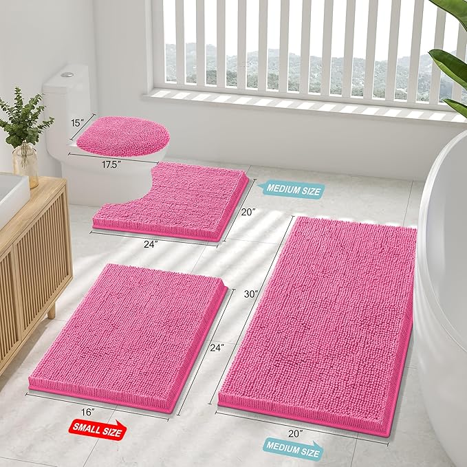 Smiry Luxury Chenille Bathroom Rugs 36x24, Extra Soft and Absorbent Shaggy Bath Mat, Machine Washable, Non-Slip Plush Carpet Runner for Tub, Shower, and Floor, Home Decor Accessories, Hot Pink