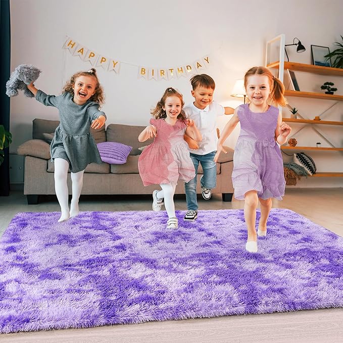 Super Fluffy Rug for Bedroom, 4x6 Shag Fuzzy Area Rug for Living Room Bedroom, Plush Soft Carpet for Girls Boys Kids, Non Slip Throw Rugs for Dorm, Modern Home Decor Aesthetic, Tie-Dyed Purple