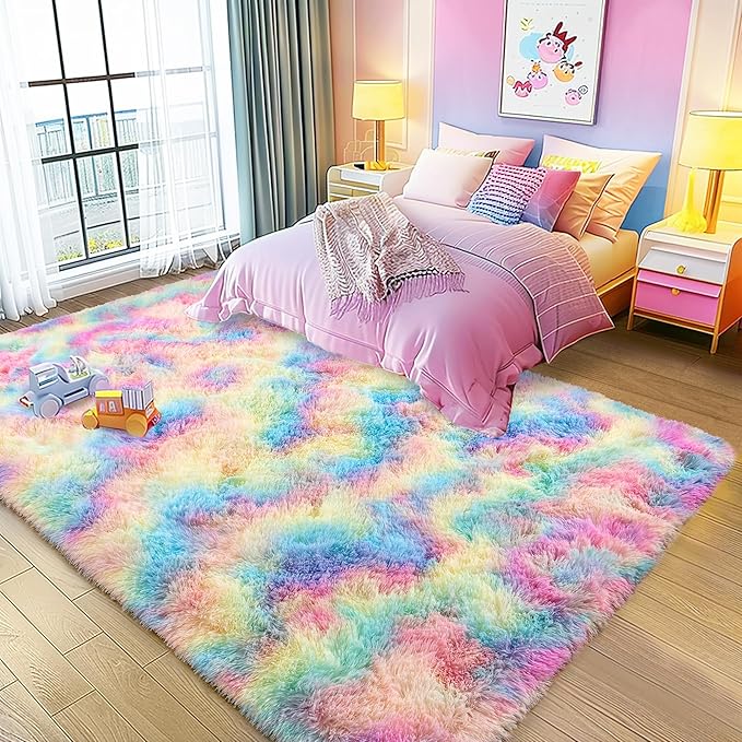 8x10 Large Area Rugs for Living Room, Ultra Fluffy Shag Rug for Bedroom, Modern Plush Soft Carpet for Girls Boys Kids Room Dorm Fuzzy Non Slip Rug for Home Decor Aesthetic, Rainbow