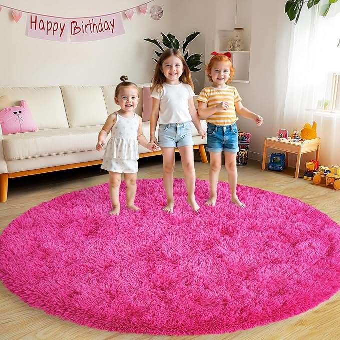 Round Fluffy Rugs 7Ft for Girls Bedroom, Hot Pink Shag Circle Kids Rug Non-Slip for Bedside Dorm Nursery Playroom, Soft Cute Area Rugs for Living Room Decor