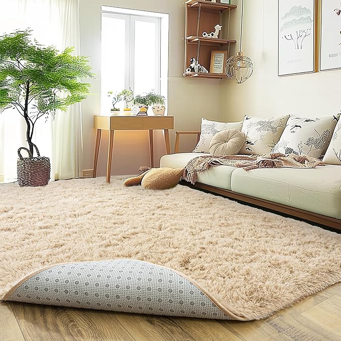 Super Fluffy Rug for Bedroom, 4x6 Shag Fuzzy Area Rug for Living Room Bedroom, Plush Soft Carpet for Girls Boys Kids, Non Slip Throw Rugs for Dorm, Modern Home Decor Aesthetic, Camel