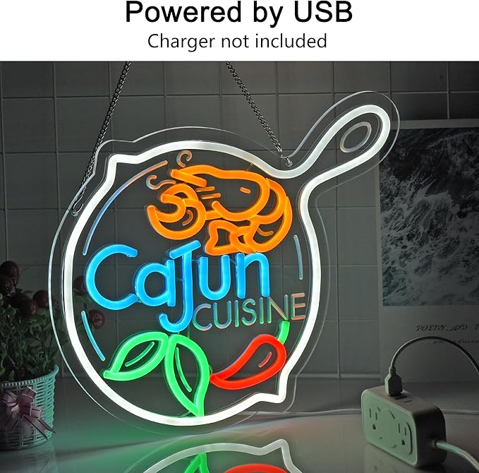 CNBEYOUNG Cajun Cuisine Neon Sign, Neon Lights Hanging Wall Art Decoration for Cajun Restaurant Shop Bar Cafe Kitchen Party Home Decor, USB Powered Ultra Bright Dimmable,14.8x 12.6inches