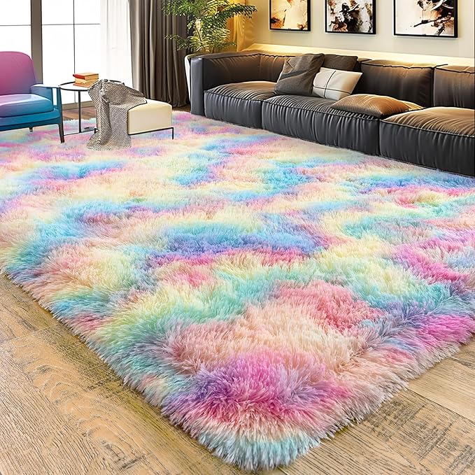 8x10 Large Area Rugs for Living Room, Ultra Fluffy Shag Rug for Bedroom, Modern Plush Soft Carpet for Girls Boys Kids Room Dorm Fuzzy Non Slip Rug for Home Decor Aesthetic, Rainbow