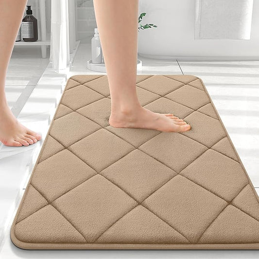 OLANLY Memory Foam Bath Mat 36x24, Ultra Soft and Absorbent Bathroom Rugs, Machine Washable, Comfortable Bath Carpet for Bathroom Floor, Tub and Shower, Tan