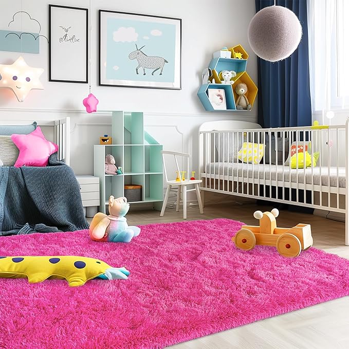 Super Fluffy Rug for Bedroom, 4x6 Shag Fuzzy Area Rug for Living Room Bedroom, Plush Soft Carpet for Girls Boys Kids, Non Slip Throw Rugs for Dorm, Modern Home Decor Aesthetic, Hot Pink