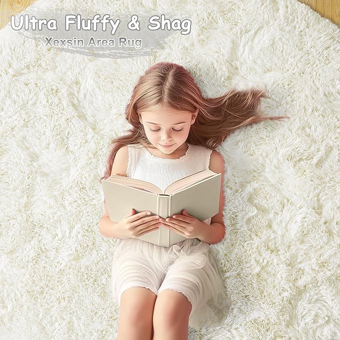 Round Fluffy Rugs 6Ft for Girls Bedroom, Cream White Shag Circle Kids Rug Non-Slip for Bedside Dorm Nursery Playroom, Soft Cute Area Rugs for Living Room Decor