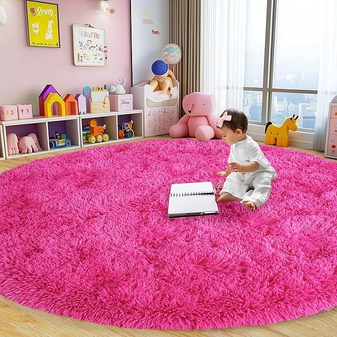 Round Fluffy Rugs 5Ft for Girls Bedroom, Hot Pink Shag Circle Kids Rug Non-Slip for Bedside Dorm Nursery Playroom, Soft Cute Area Rugs for Living Room Decor