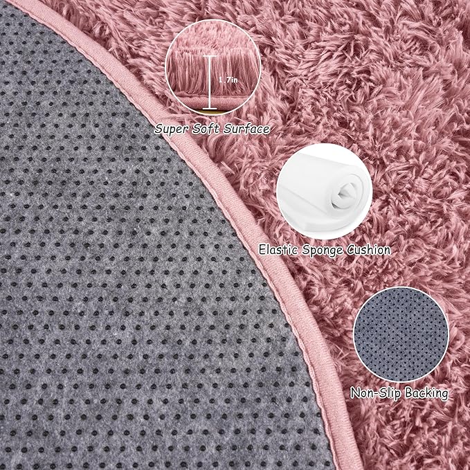 Round Fluffy Rugs 6Ft for Girls Bedroom, Blush Pink Shag Circle Kids Rug Non-Slip for Bedside Dorm Nursery Playroom, Soft Cute Area Rugs for Living Room Decor