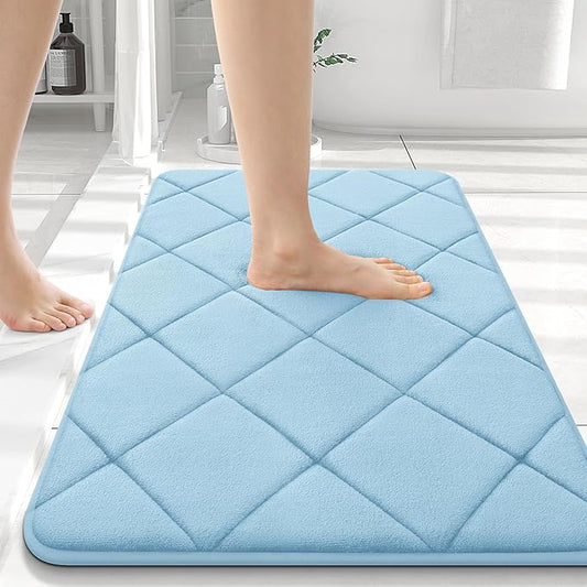 OLANLY Memory Foam Bath Mat 36x24, Ultra Soft and Absorbent Bathroom Rugs, Machine Washable, Comfortable Bath Carpet for Bathroom Floor, Tub and Shower, Sky Blue