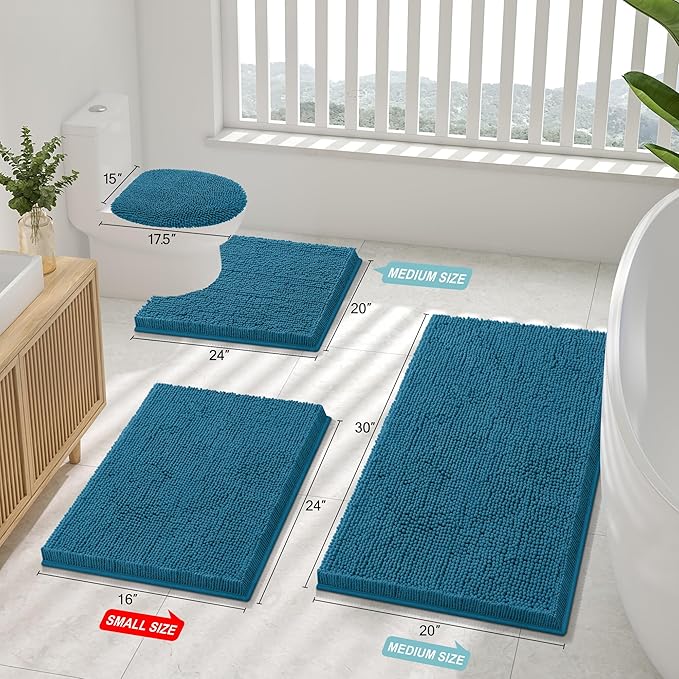 Smiry Luxury Chenille Bathroom Rugs 36x24, Extra Soft and Absorbent Shaggy Bath Mat, Machine Washable, Non-Slip Plush Carpet Runner for Tub, Shower, and Floor, Home Decor Accessories, Peacock Blue
