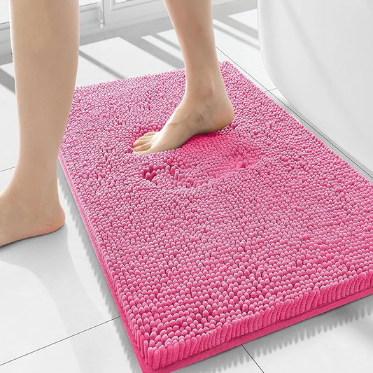 Smiry Luxury Chenille Bathroom Rugs 34x21, Extra Soft and Absorbent Shaggy Bath Mat, Machine Washable, Non-Slip Plush Carpet Runner for Tub, Shower, and Floor, Home Decor Accessories, Hot Pink