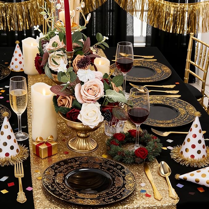 GATHER 350PCS Black and Gold Plastic Plates - Gold Disposable Dinnerware Set Include 50 Dinner Plates, 50 Dessert Plates, 150 Gold Plastic Silverware, 50 Napkins, 50 Cups for Wedding & New Year