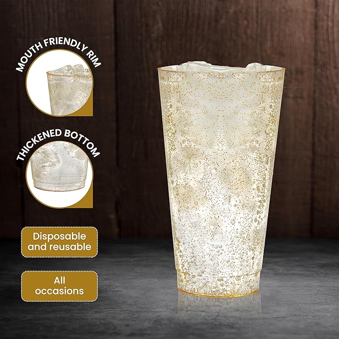 R-kay 16 oz Gold Glitter Plastic Cups For Party - 100 Pack Gold PLastic Cups - Hard Disposable Cups - Premium Heavy Duty Gold Cups - Disposable Cocktail Glasses - Party Cups (16 OZ)