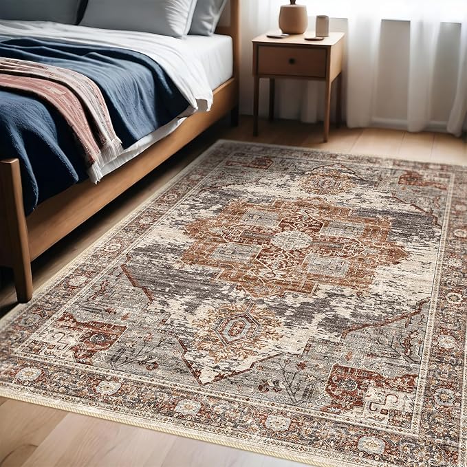 4x6 Living Room Area Rugs - Washable Area Rug Soft Stain Resistant Carpet Vintage Lightweight Ultra-Thin Rugs for Bedroom Kitchen entryway with Non Slip Backing Home Decor Small Mat 4X6 Brick
