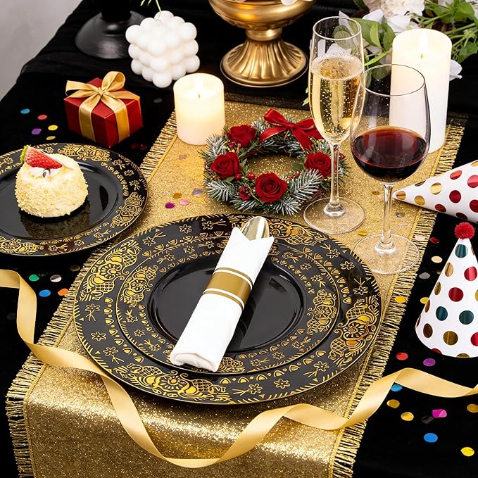 GATHER 350PCS Black and Gold Plastic Plates - Gold Disposable Dinnerware Set Include 50 Dinner Plates, 50 Dessert Plates, 150 Gold Plastic Silverware, 50 Napkins, 50 Cups for Wedding & New Year