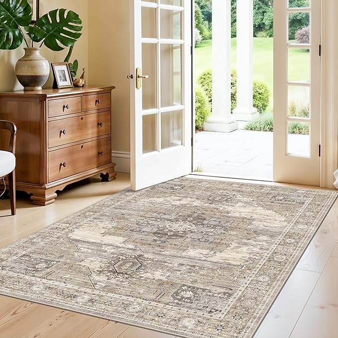 RUUGME Washable Entryway 4x5 Rug- Vintage Area Rug for Living Room Bedroom Kitchen Stain Resistant Carpet Low Pile Ultra-Thin Rugs with Non Slip Backing Home Decor 4X5 Beige