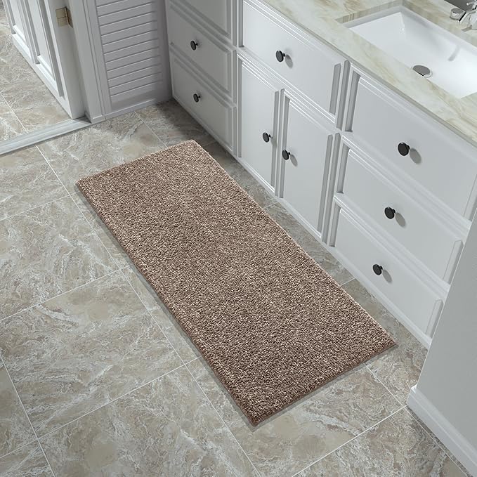 Yimobra Bathroom Runner Rug Non Slip Washable, Soft Absorbent Microfiber Long Bath Mat, Dual-Tone Decor Rug with Rubber Backing for Floor, Tub and Hallway,56x24,Home Essentials,Brown and White