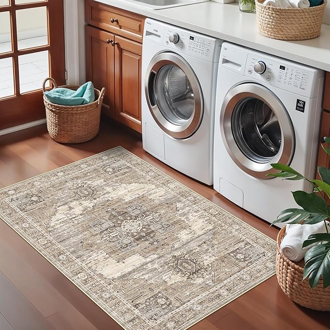 RUUGME Beige Washable Entry Rug : 3x4 Rugs for Entryway Kitchen Bathroom Indoor - Soft Stain Resistant Carpets Distressed Floor Decor Mat 3x4 Beige