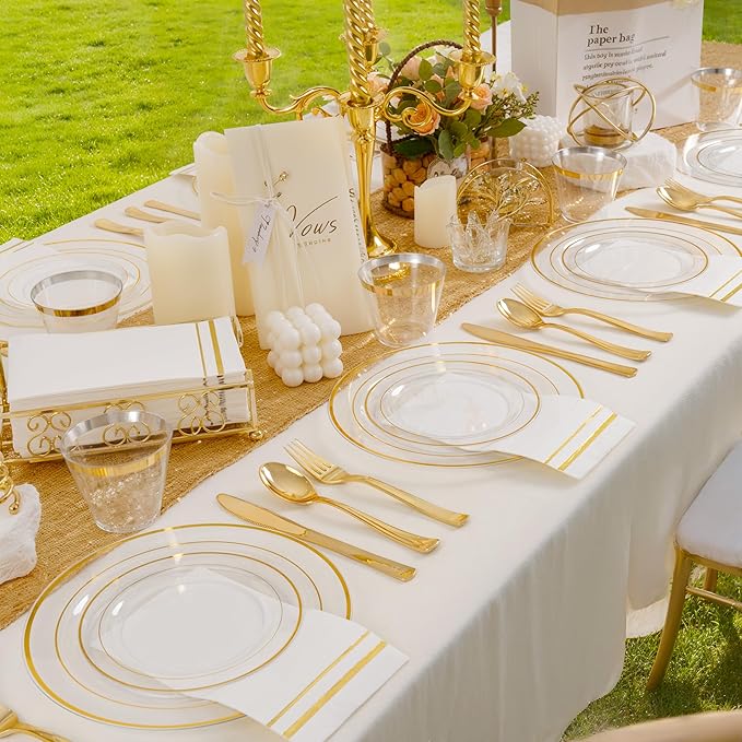 GATHER 350PCS Clear Gold Plastic Plates - Disposable Gold Dinnerware Sets Includes 100 Gold Rim Plastic Plates, 150 Silverware, 50 Napkins, 50 Cups for Party, Wedding & Christmas