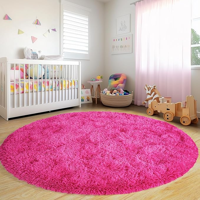 Round Fluffy Rugs 6Ft for Girls Bedroom, Hot Pink Shag Circle Kids Rug Non-Slip for Bedside Dorm Nursery Playroom, Soft Cute Area Rugs for Living Room Decor