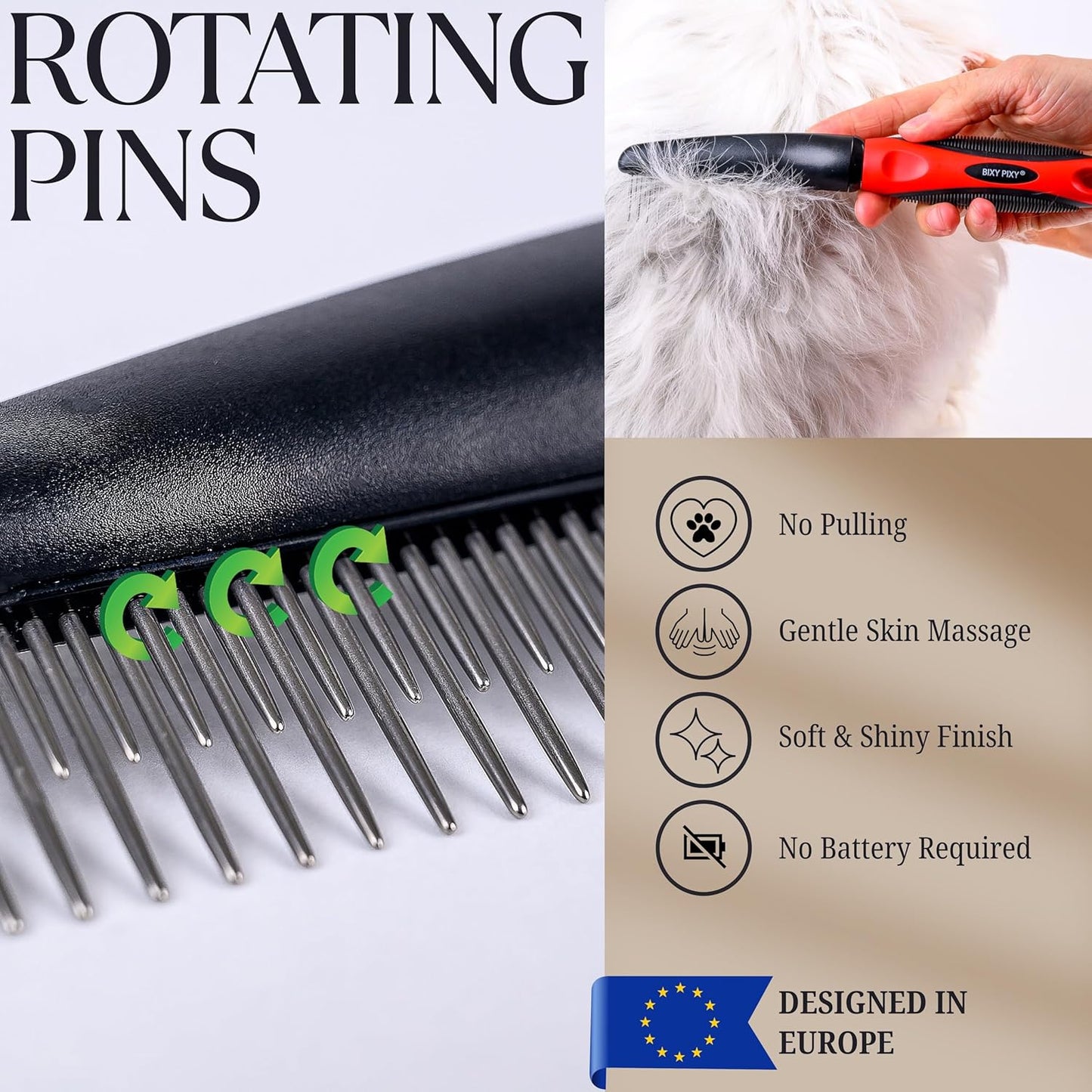 Dog Dematting Comb with Rotating Teeth for Gentle Grooming