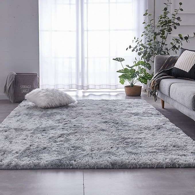 TABAYON Shag Area Rug, 5x7 Ft Tie-Dyed Light Grey Upgrade Anti-Skid Durable Rectangular Cozy High Pile Soft Throw Rug for Nursery/Living Room