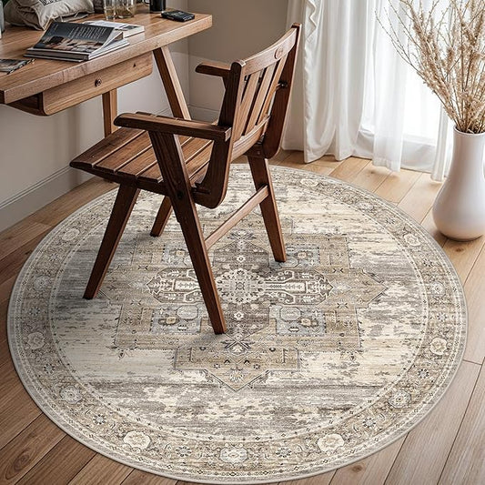 Living Room 4round Area Rugs - Boho Rugs for Living Room Stain Resistant Carpet Vintage Tribal Rugs for Bedroom Kitchen Bathroom with Non Slip Backing Home Decor Floor Decoration Mat 4ft Beige