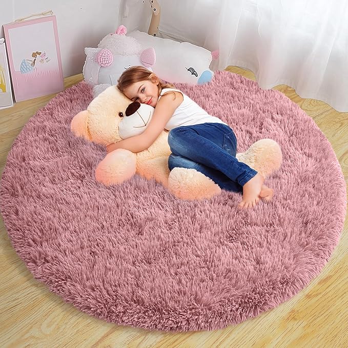 Round Fluffy Rugs 6Ft for Girls Bedroom, Blush Pink Shag Circle Kids Rug Non-Slip for Bedside Dorm Nursery Playroom, Soft Cute Area Rugs for Living Room Decor