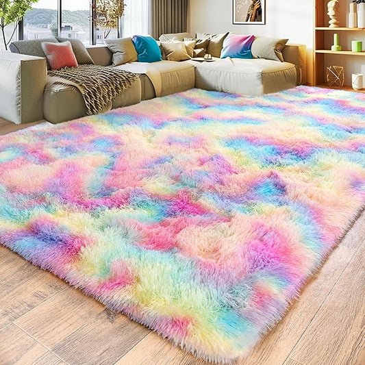 8x10 Large Area Rugs for Living Room, Ultra Fluffy Shag Rug for Bedroom, Modern Plush Soft Carpet for Girls Boys Kids Room Dorm Fuzzy Non Slip Rug for Home Decor Aesthetic, Rainbow