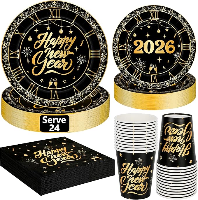 96 PCS New Years Eve Party Supplies, NYE Dinner Plates Dessert Plates Napkins Cups, Disposable New Year Plates and Napkins and Cups, Black Gold NYE Party Supplies 2026 NYE Decorations for 24 Guests