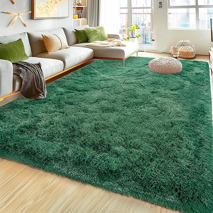 Ultra Fluffy Area Rugs for Living Room Bedroom, 6x9 Fuzzy Large Living Room Rugs, Thick Shag Rug for Dorm, Soft Non Slip Kids Girls Boys Rug for Home Decor Aesthetic, Dark Green