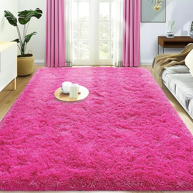 Ultra Fluffy Area Rugs for Living Room Bedroom, 6x9 Fuzzy Large Living Room Rugs, Thick Shag Rug for Dorm, Soft Non Slip Kids Girls Boys Rug for Home Decor Aesthetic, Hot Pink