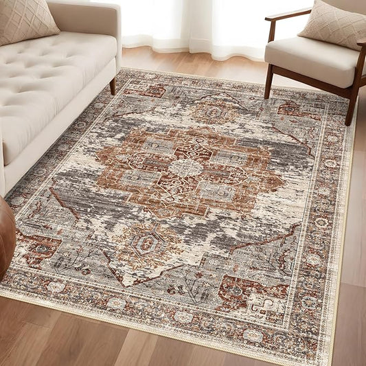 4x6 Living Room Area Rugs - Washable Area Rug Soft Stain Resistant Carpet Vintage Lightweight Ultra-Thin Rugs for Bedroom Kitchen entryway with Non Slip Backing Home Decor Small Mat 4X6 Brick