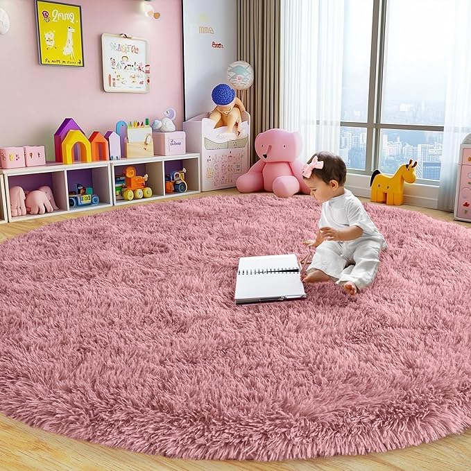Round Fluffy Rugs 6Ft for Girls Bedroom, Blush Pink Shag Circle Kids Rug Non-Slip for Bedside Dorm Nursery Playroom, Soft Cute Area Rugs for Living Room Decor
