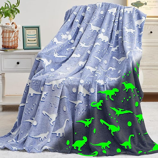 inhand Dinosaur Toys for Kids Glow in The Dark Dinosaur Blanket Christmas Birthday Valentine's Day Easter Party Decorations Favors,2 3 4 5 6 7 8 9 10 Year Old Boy Gifts Soft Blanket（50"X60" Blue Dino