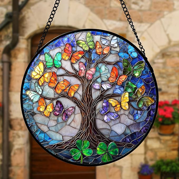 Stained Glass Window Hanging, Butterfly Tree Clover Sun Catchers Glass Panel Blue Suncatcher Decor for Birthday for Women, Men, Wife, Aunt, and Mom 9.8 in