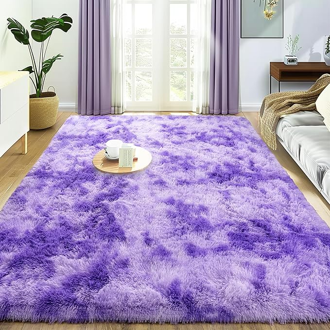 Ultra Fluffy Rug for Living Room Bedroom, 5x7 Fuzzy Large Area Rug for Living Room, Plush Soft Shag Carpet for Girl Boy Kids, Non Slip Rug Modern Indoor Home Decor Aesthetic, Tie-Dyed Purple