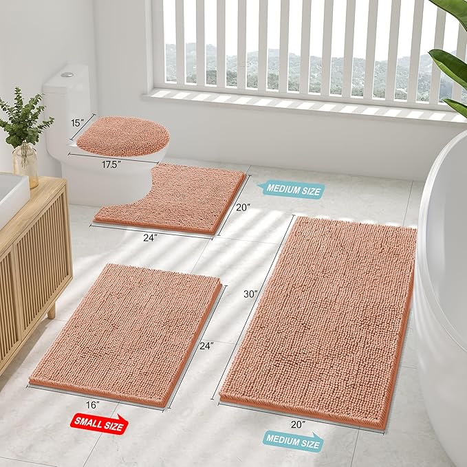 Smiry Luxury Chenille Bathroom Rugs 30x20, Extra Soft and Absorbent Shaggy Bath Mat, Machine Washable, Non-Slip Plush Carpet Runner for Tub, Shower, and Floor, Home Decor Accessories, Peach
