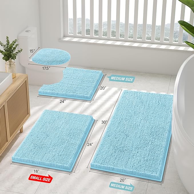 Smiry Luxury Chenille Bathroom Rugs 30x20, Extra Soft and Absorbent Shaggy Bath Mat, Machine Washable, Non-Slip Plush Carpet Runner for Tub, Shower, and Floor, Home Decor Accessories, Sky Blue