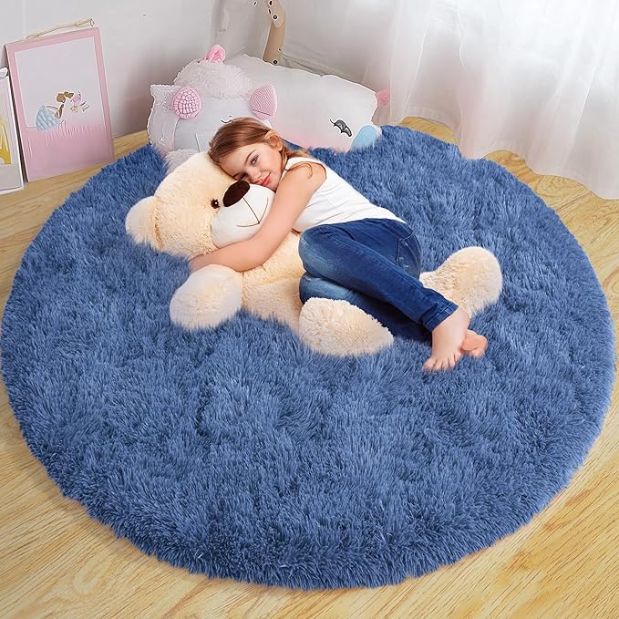Round Fluffy for Bedroom Rugs, 6Ft Navy Blue Shag Circle Rug Non-Slip for Kids Girls Boys Bedroom Dorm Nursery Playroom, Soft Cute Area Rugs for Living Room Decor