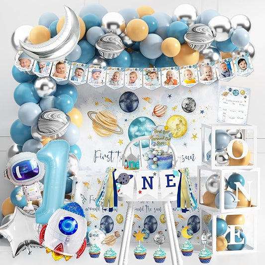 First Trip Around The Sun Birthday Party Decorations for boy 1st Birthday Supplies First Trip Around The Sun Backdrop Balloons Garland Monthly Photo Banner Space Theme Party Decor