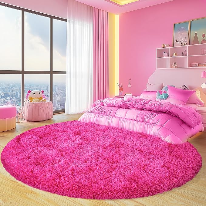 Round Fluffy Rugs 5Ft for Girls Bedroom, Hot Pink Shag Circle Kids Rug Non-Slip for Bedside Dorm Nursery Playroom, Soft Cute Area Rugs for Living Room Decor