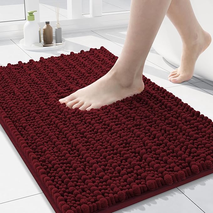 Arotive Luxury Chenille Bathroom Rug Mat, Extra Soft Thick Absorbent Shaggy Bath Rugs, Non-Slip Machine Wash Dry, Plush Bath Mats for Bathroom, Shower and Tub, 24x16, Burgundy