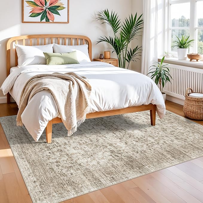 5X7 Area Rugs for Living Room, Washable Non Slip Vintage Rugs, Low Pile Soft rug for Dorm/Classroom/College Room Easy Clean & Stain Resistant Home Daily Use for College Students 5x7 Beige Brown