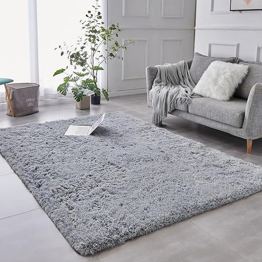 TABAYON Shag Area Rug, 4'x6' Grey Indoor Ultra Soft Plush Non-Skid Modern Nursery Faux Fur Rugs for Living Room, Kids Room Home Decor